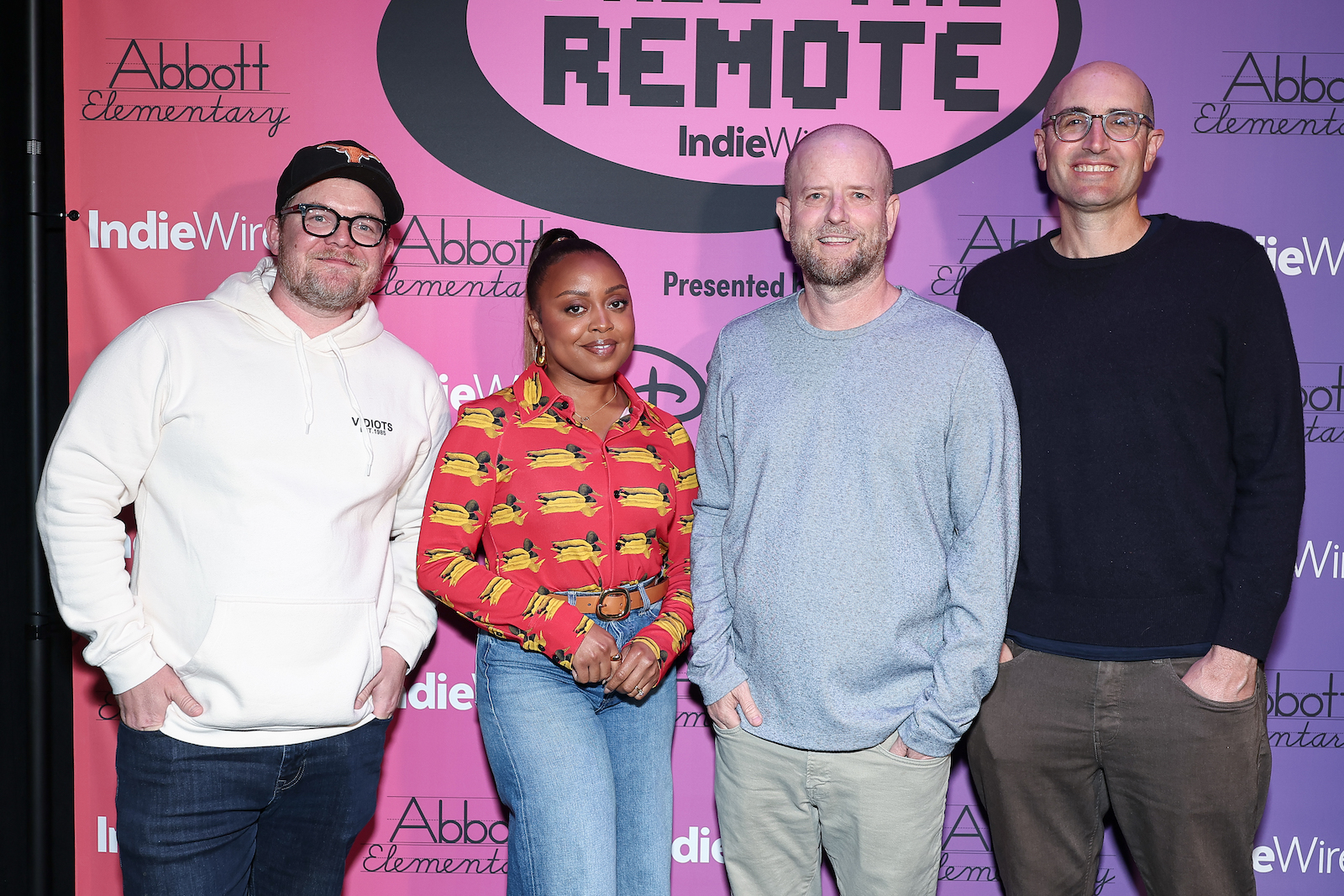 Patrick Schumacker, Quinta Brunson, Brian Rubenstein and Justin Halpern at IndieWire’s Pass the Remote Screens "Abbott Elementary” at the Vidiots Foundation on May 20, 2024 in Los Angeles, California.