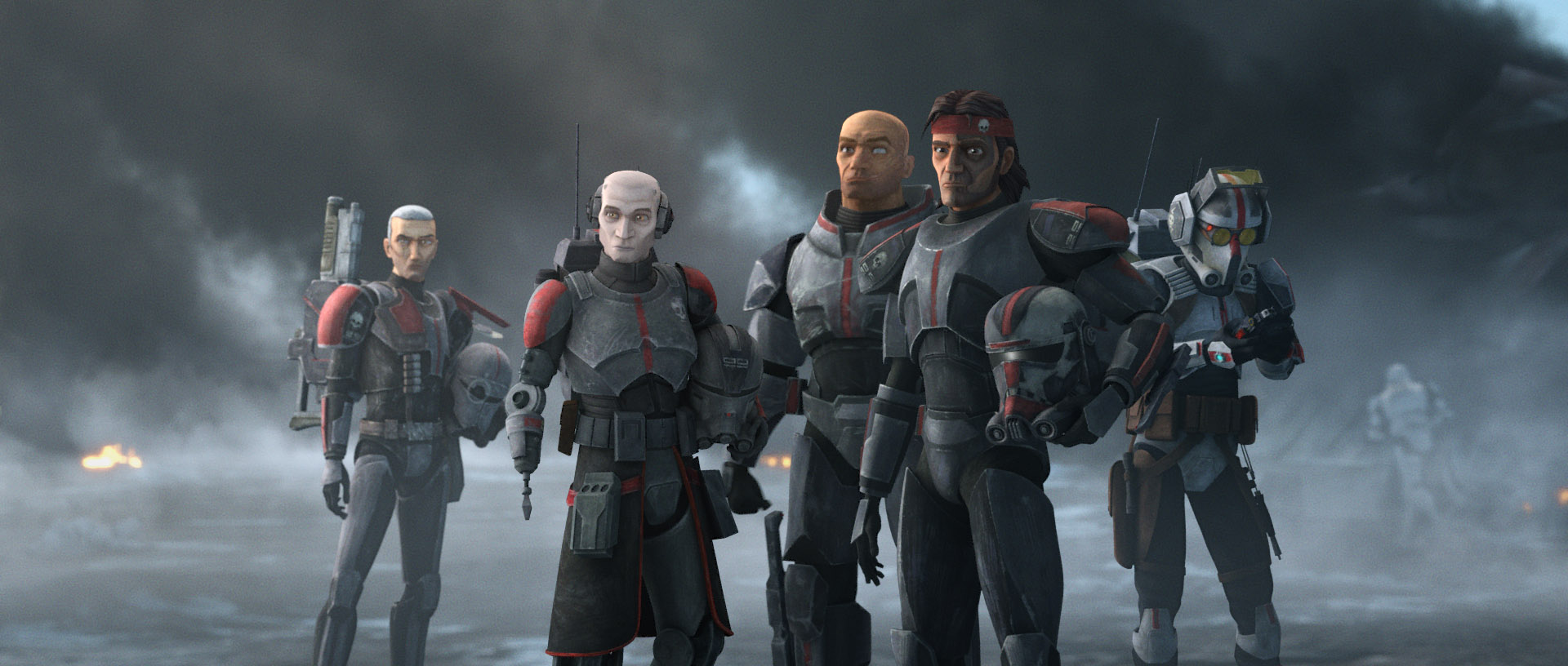 (L-R): Crosshair, Echo, Wrecker, Hunter and Tech in a scene from STAR WARS: THE BAD BATCH, exclusively on Disney+. © 2021 Lucasfilm Ltd. & ™. All Rights Reserved.