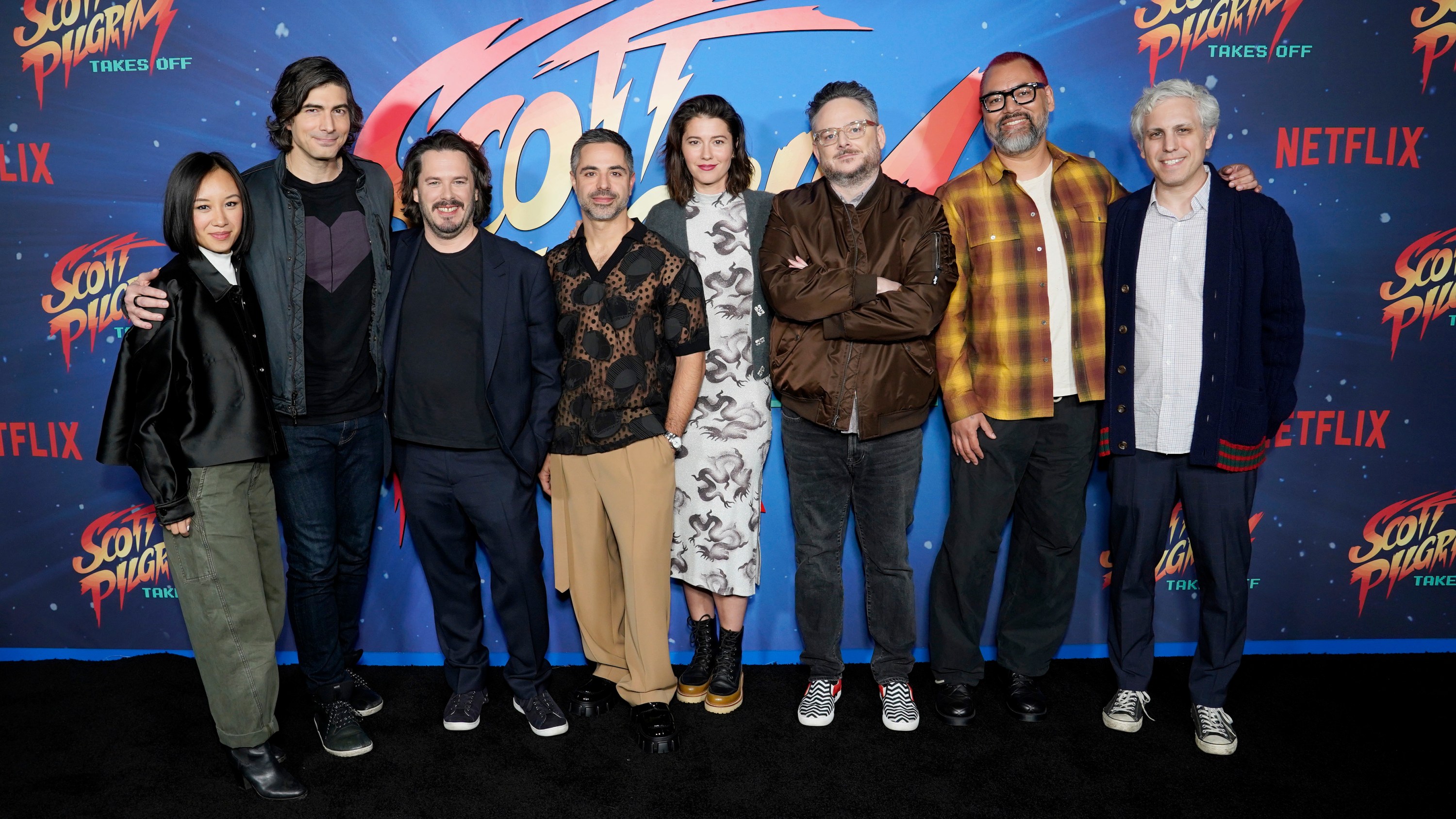 LOS ANGELES, CALIFORNIA - NOVEMBER 10: (L-R) Ellen Wong, Brandon Routh, Edgar Wright, Satya Bhabha, Mary Elizabeth Winstead, BenDavid Grabinski, Bryan Lee O'Malley, and Jared LeBoff attend Netflix's "Scott Pilgrim Takes Off" LA premiere on November 10, 2023 in Los Angeles, California. (Photo by Presley Ann/Getty Images for Netflix)