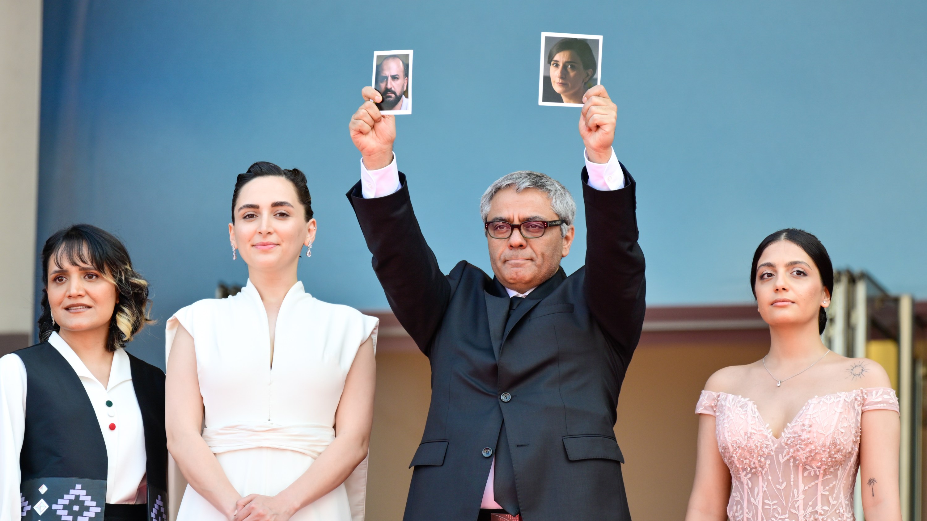 Mahsa Rostami, Soheila Golestani, Mohammad Rasoulof, and the cast and crew attend the 'Seed of the Sacred Fig' red carpet at the 77th annual Cannes Film Festival