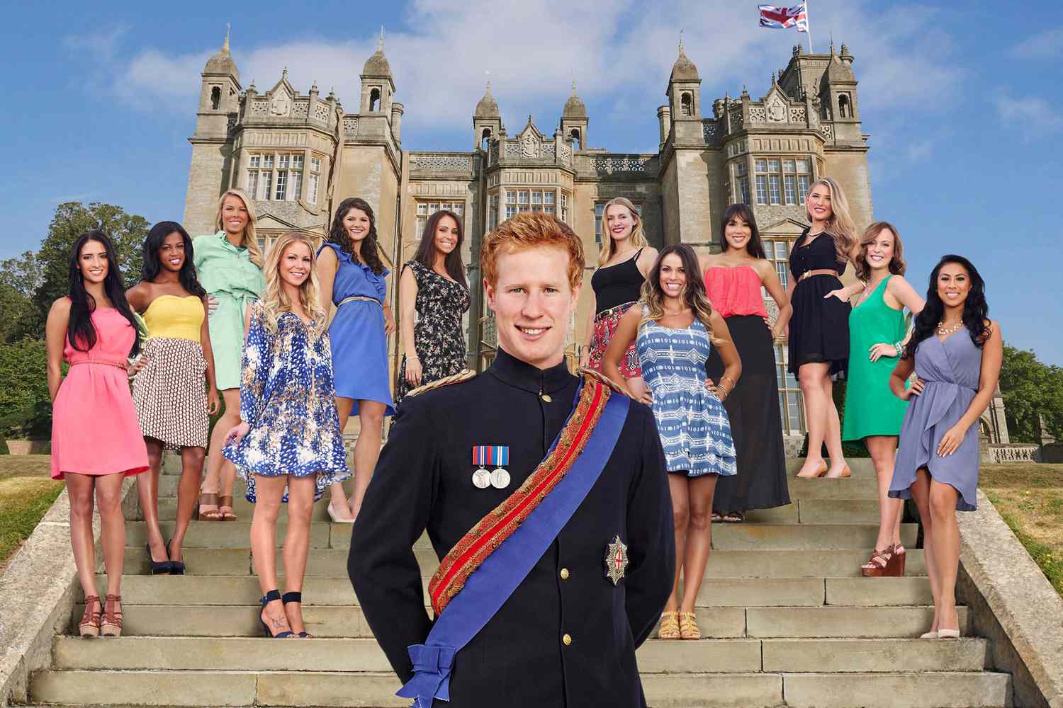 promo picture of 12 female contestants and guy posing as Prince Harry