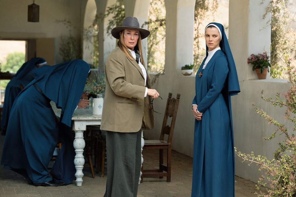 MRS. DAVIS -- “Alison Treasures: A Southern California Story” Episode 106 -- Pictured: (l-r) Elizabeth Marvel as Celeste, Betty Gilpin as Simone -- (Photo by: Colleen Hayes/Peacock)