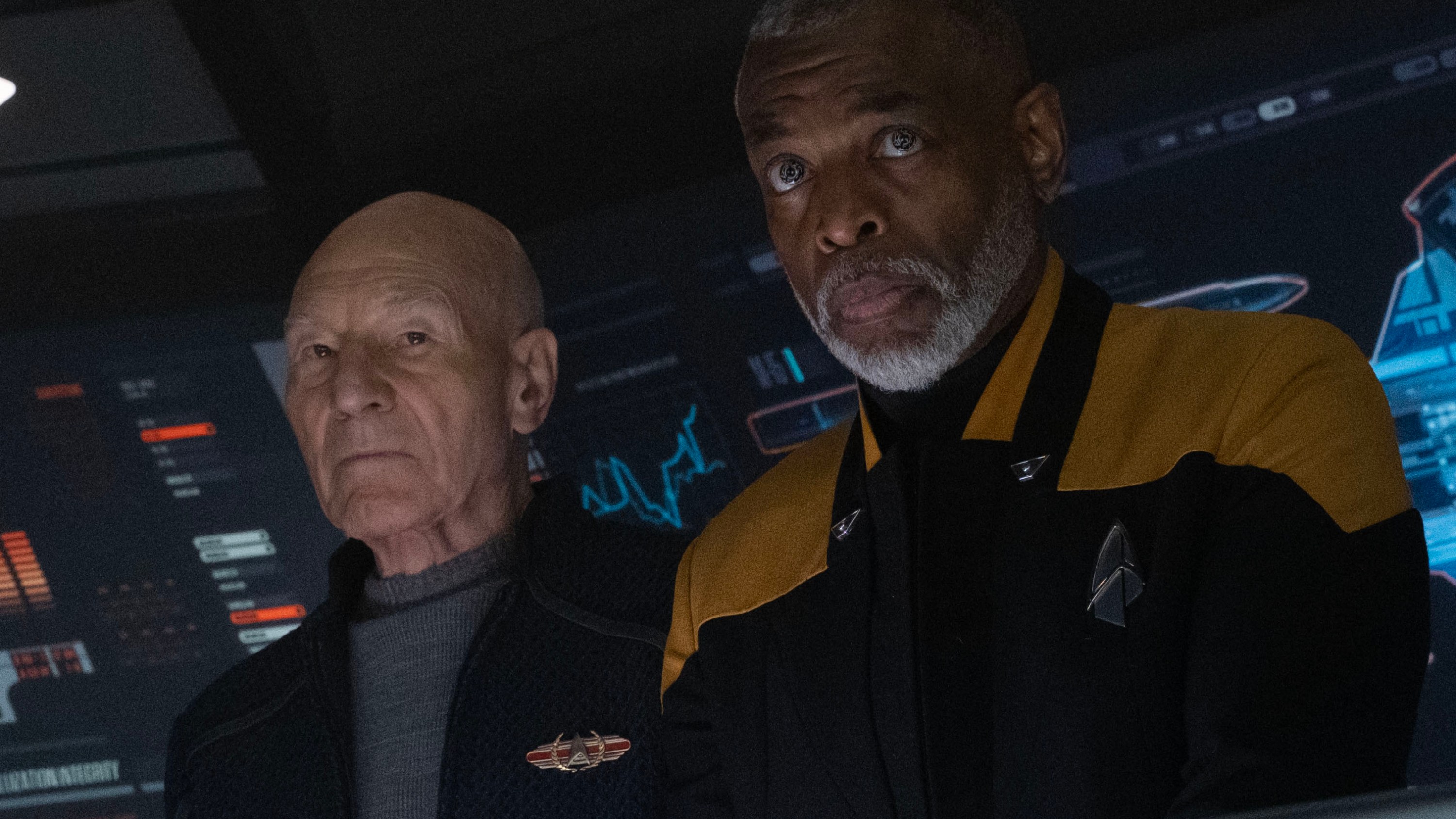 Patrick Stewart as Picard and LeVar Burton as Geordi La Forge in "Dominion" Episode 307, Star Trek: Picard on Paramount+.  Photo Credit: Trae Patton/Paramount+. ©2021 Viacom, International Inc.  All Rights Reserved.