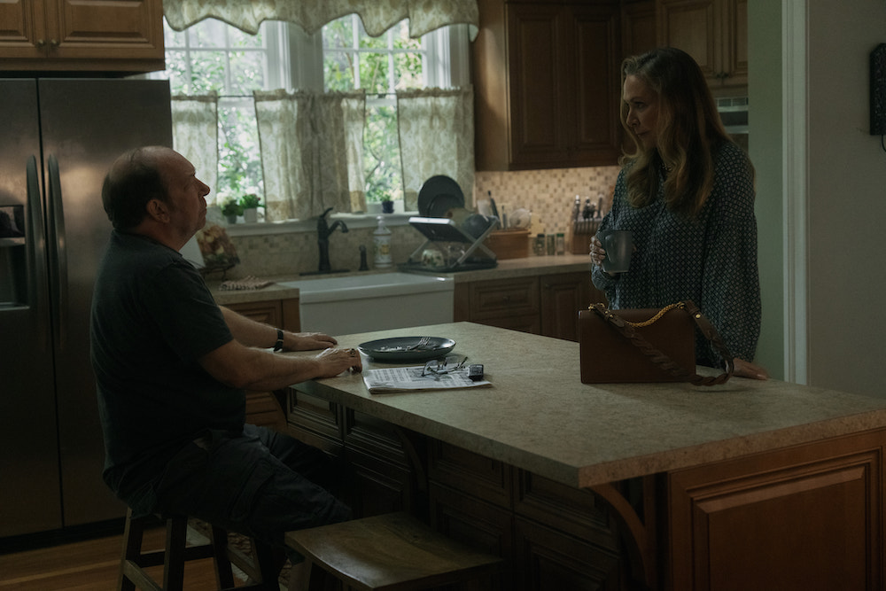 Bill Camp and Elizabeth Marvel in 'Presumed Innocent,' shown here sitting at their kitchen island over breakfast