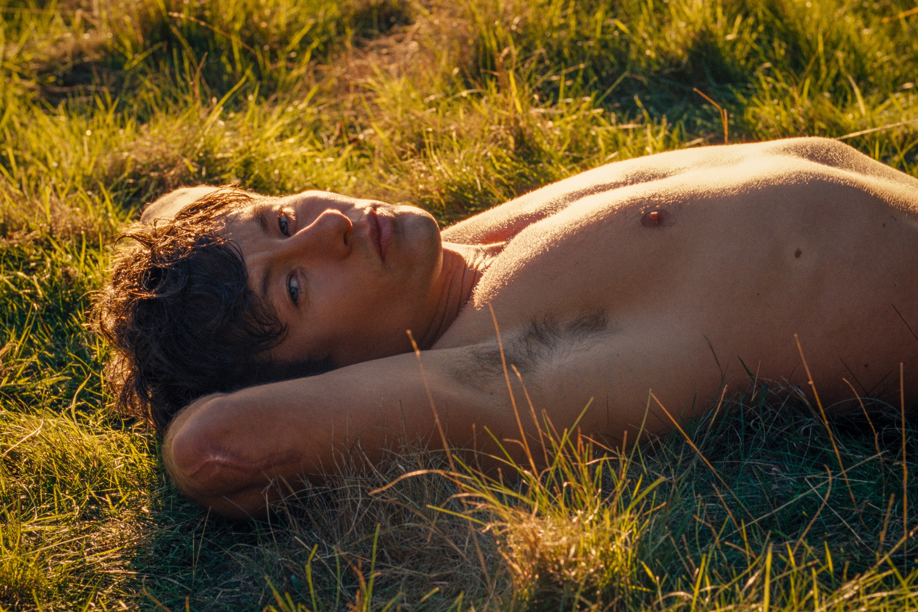 Barry Keoghan as Oliver Quick lying down naked from the waist up in a field in "Saltburn"