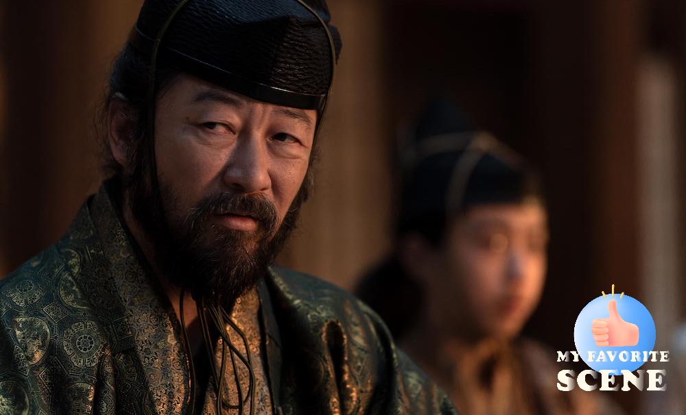 Tadanobu Asano as Yabushige in 'Shogun,' shown here wearing a round hat and green robe