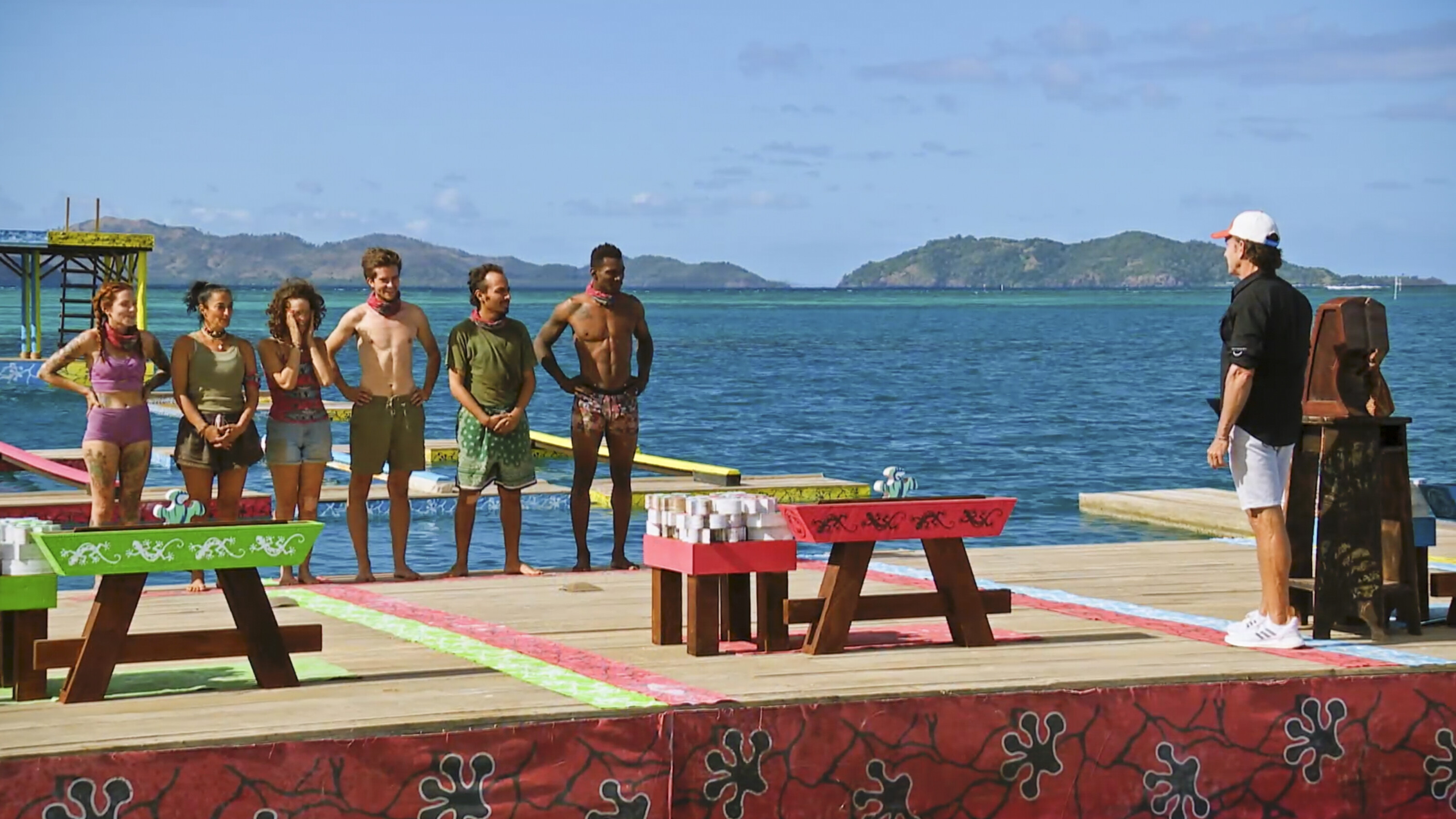 'Mamma Bear' – In one of the most emotional reward challenges of the season, castaways fight for their chance to win letters from home. Alliances begin to crumble and individual plans emerge after players compete in a race of balance, speed and puzzle skills to earn immunity and a spot in the final five, on SURVIVOR, Wednesday, May 15 (8:00-9:30 PM, ET/PT) on the CBS Television Network, and streaming on Paramount+ (live and on-demand for Paramount+ with SHOWTIME subscribers, or on-demand for Paramount+ Essential subscribers the day after the episode airs)*. Jeff Probst serves as host and executive producer.  Pictured (L-R): Kenzie Veurink, Maria Gonzalez, Liz Wilcox, Charlie Davis, Ben Katzman and Q Burdette. Photo: CBS ©2024 CBS Broadcasting, Inc. All Rights Reserved. Highest quality screengrab available.