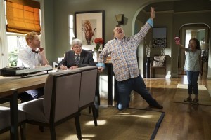 MODERN FAMILY, Jesse Tyler Ferguson (left), Eric Stonestreet (2nd from right), Aubrey Anderson-Emmons (right), 'The Day Alex Left For College', (Season 7, ep. 702, aired Sept. 30, 2015). photo: Eric McCandless / ©ABC / Courtesy: Everett Collection