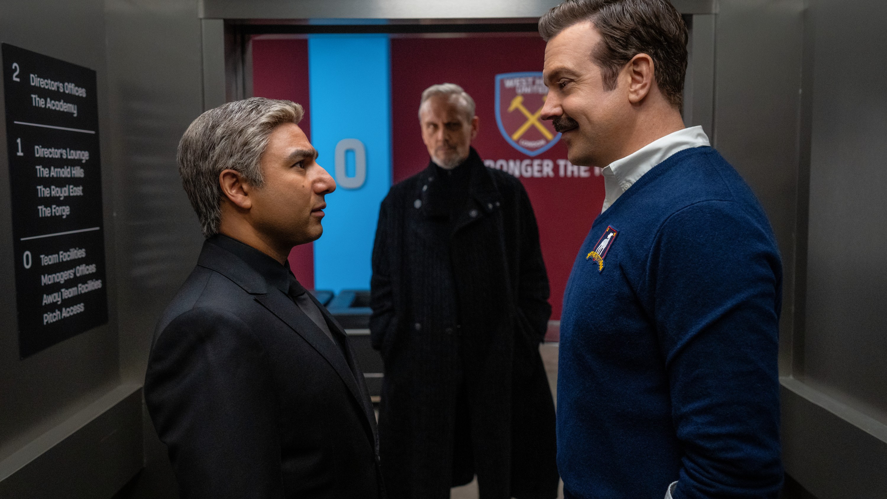 Nick Mohammed, Jason Sudeikis, and Anthony Head in "Ted Lasso" Season 3