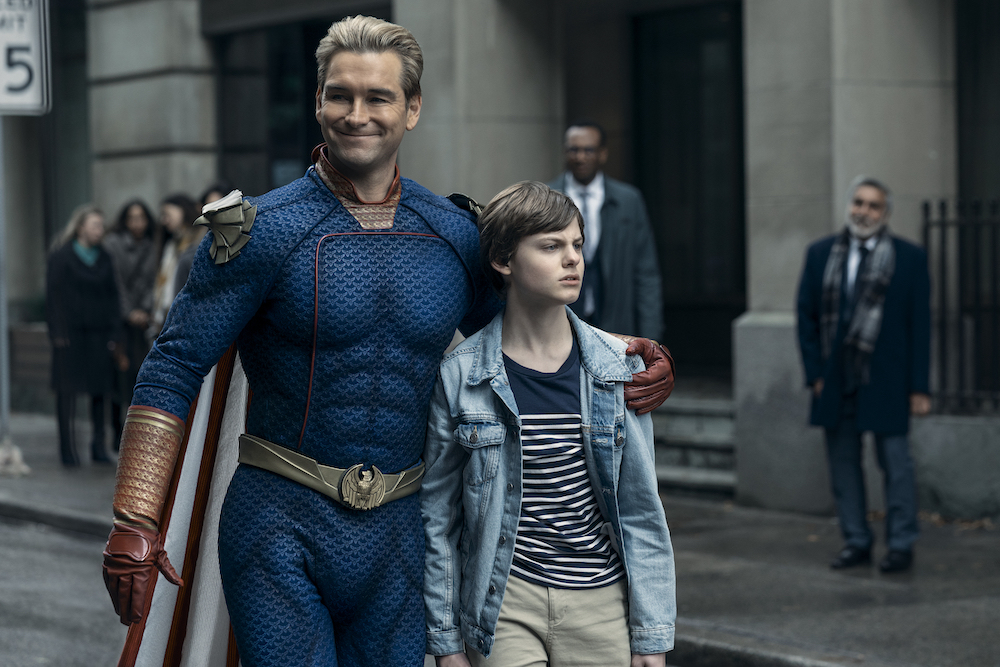 'The Boys' Season 4 stars Anthony Starr as Homelander and Cameron Crovetti as Ryan, his son, shown here walking down the street