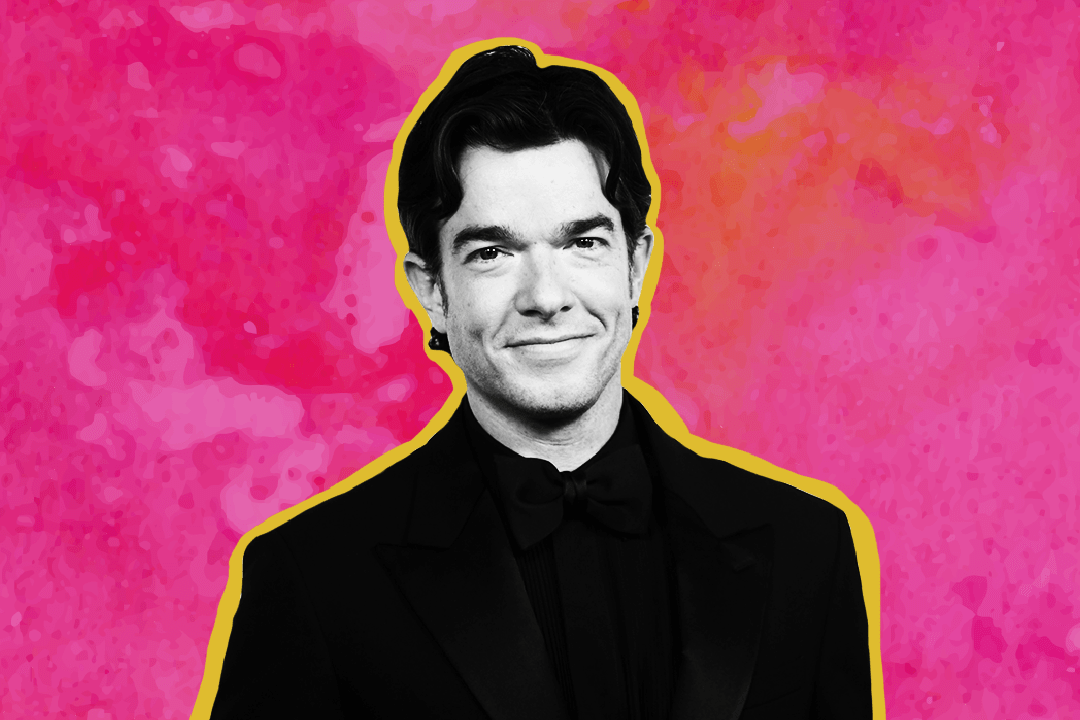 John Mulaney with pink and yellow background