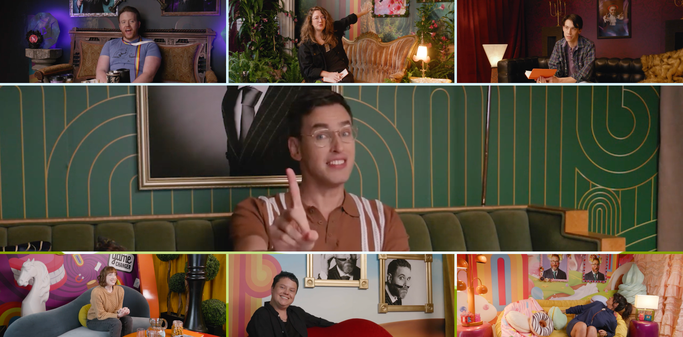 A split of seven images, each showing a player in 'Game Changer's' "Ratfish" 'The Circle' parody sitting on a couch in a different hotel room decorated to match their personas. From top to bottom and left to right: Brennan Lee Mulligan, Jessica Ross, Zac Oyama, Grant Anthony O'Brien, Katie Marovitch, Ally Beardsley, and Rehka Shankar.