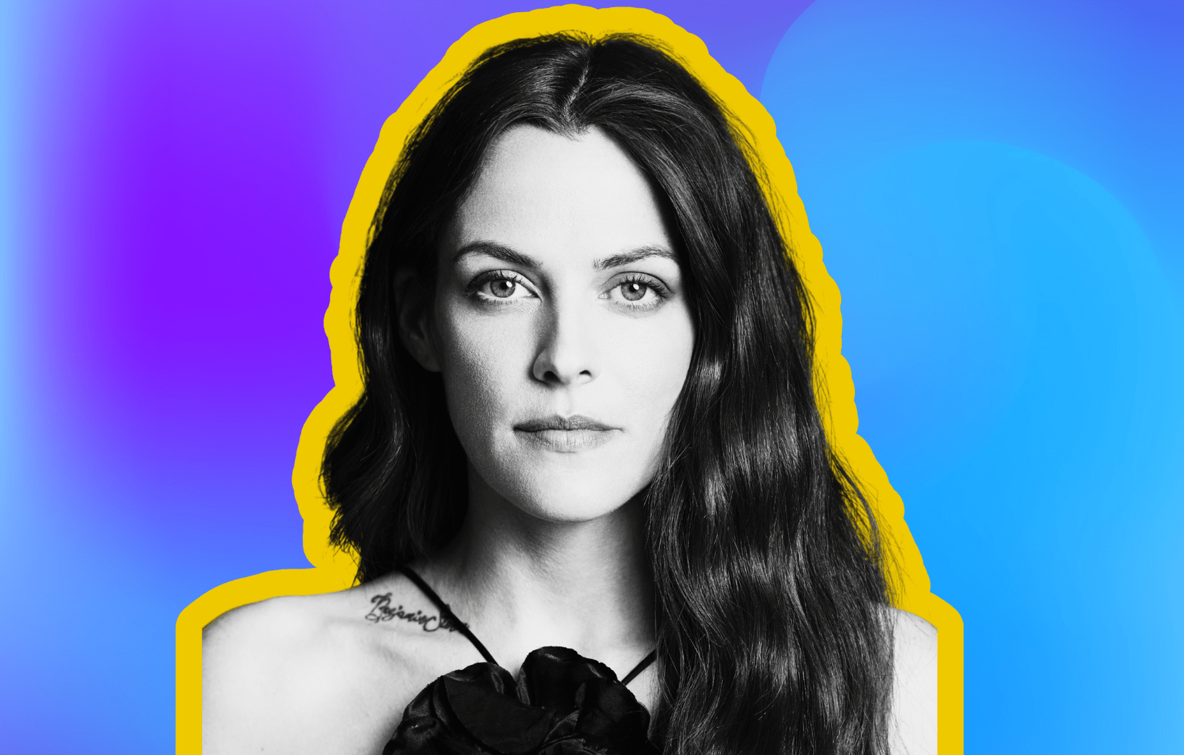 image of Riley Keough with yellow outline and blue background