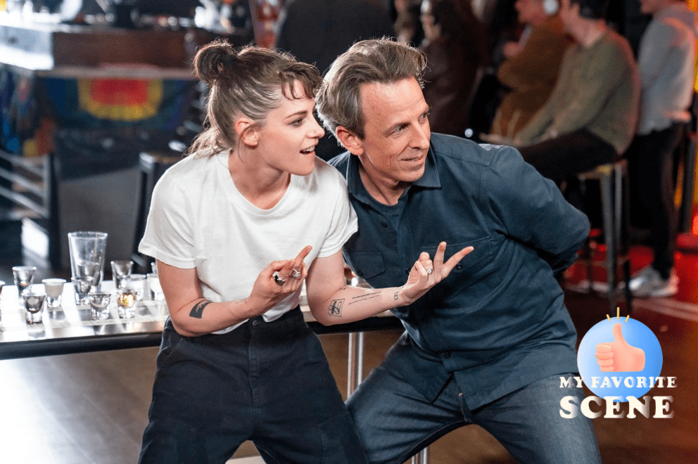 Kristen Stewart and Seth Meyers play darts in a bar as part of 'Late Night with Seth Meyers' segment 'Seth Goes Day Drinking'